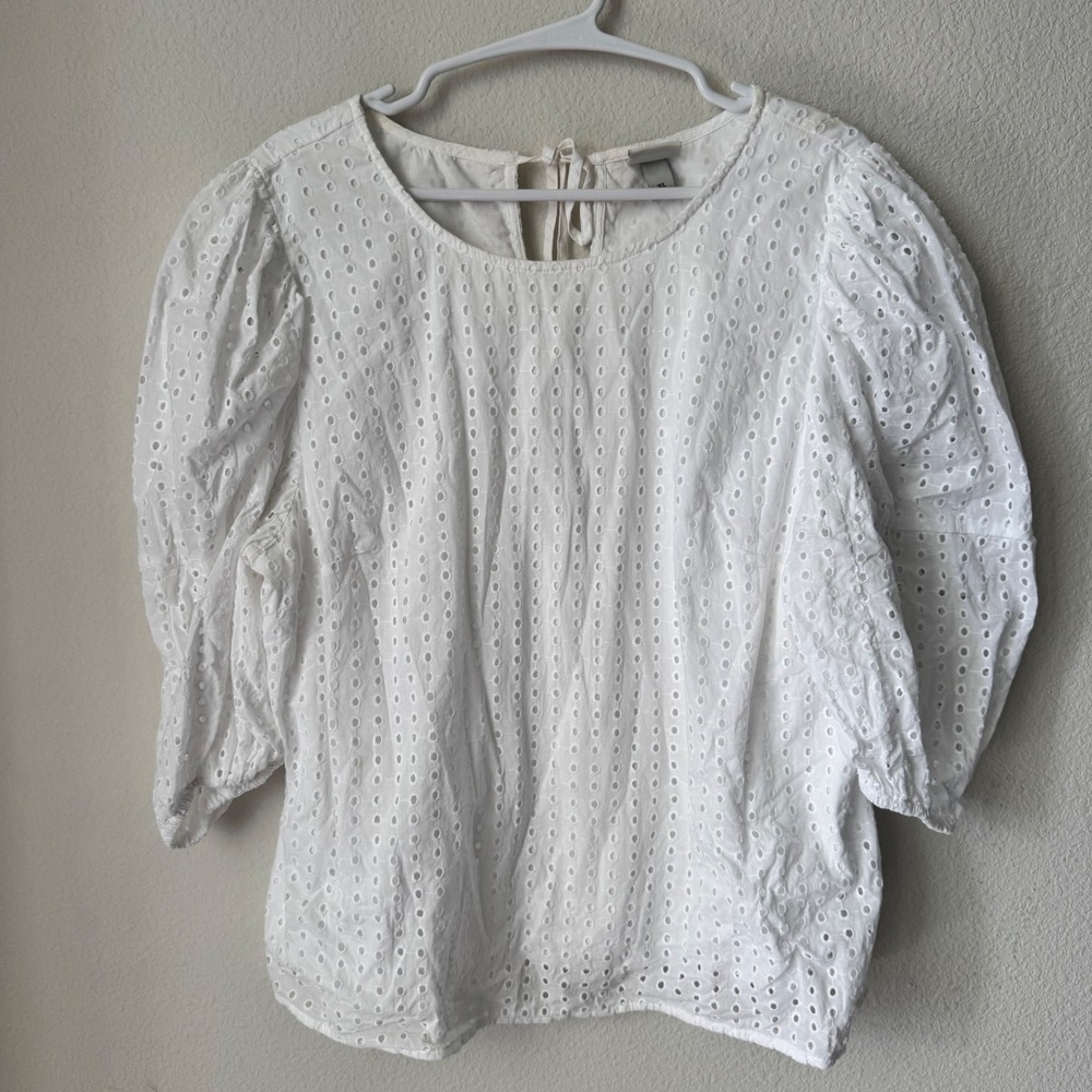 A New Day White Eyelet Lace Puff Sleeve Tie Back Blouse XL